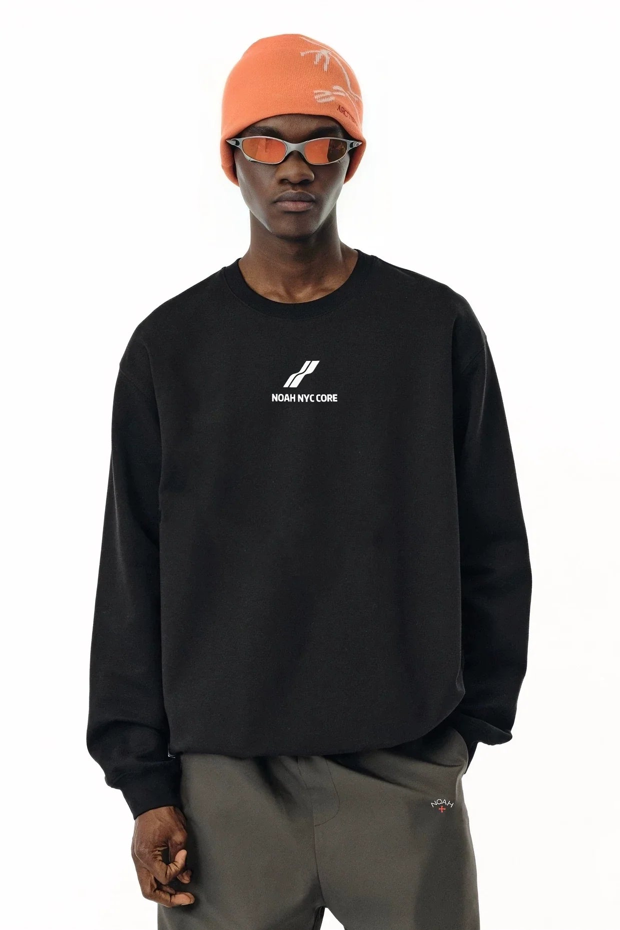 NOAH MARS Men Grey Thread Splice Crew Sweatshirt Two Bar Wave Print