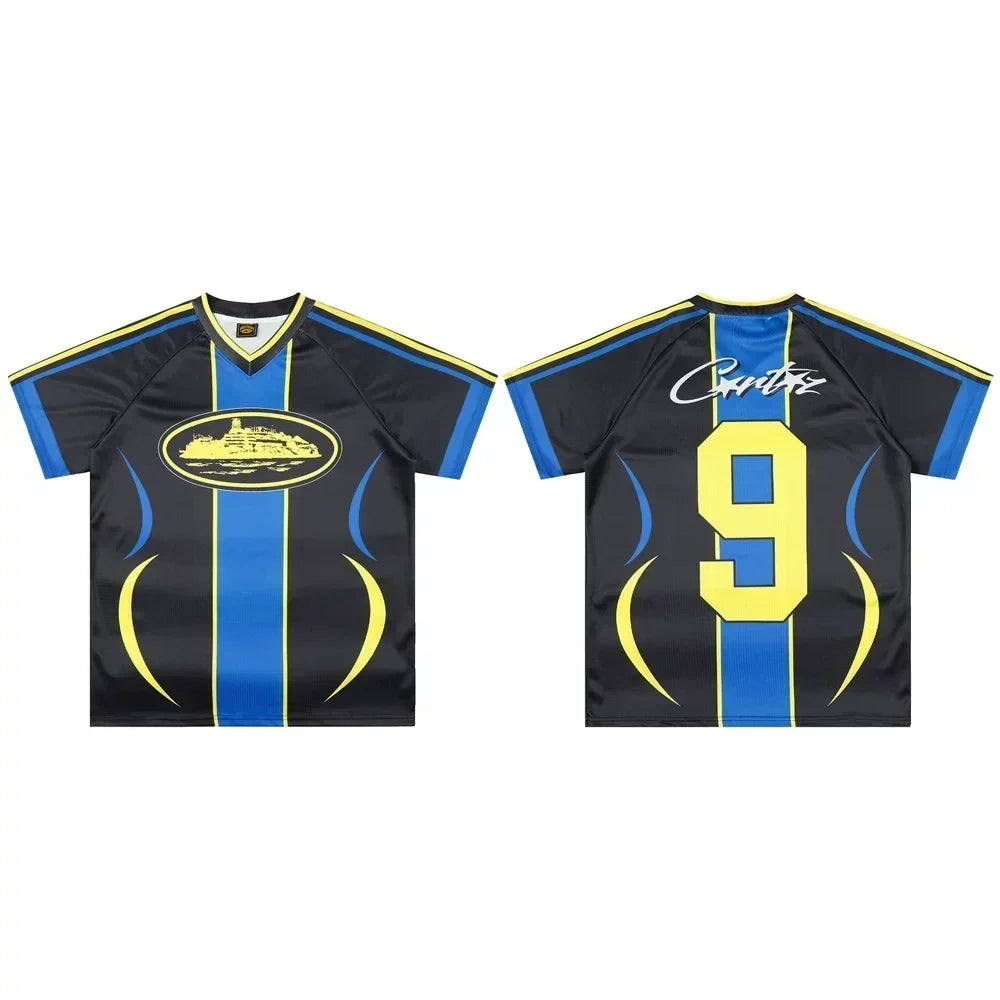 Corteiz Soccer Jersey T-Shirt - Black/Blue/Yellow