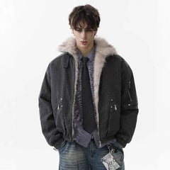 NOAH MARS Old Money Stand Collar Mountain Graphic Velvet Lined Cotton Coat