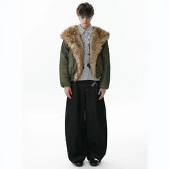 NOAH MARS Old Money Fur Collar Short Hooded Mountain Graphic Warm Cotton Jacket