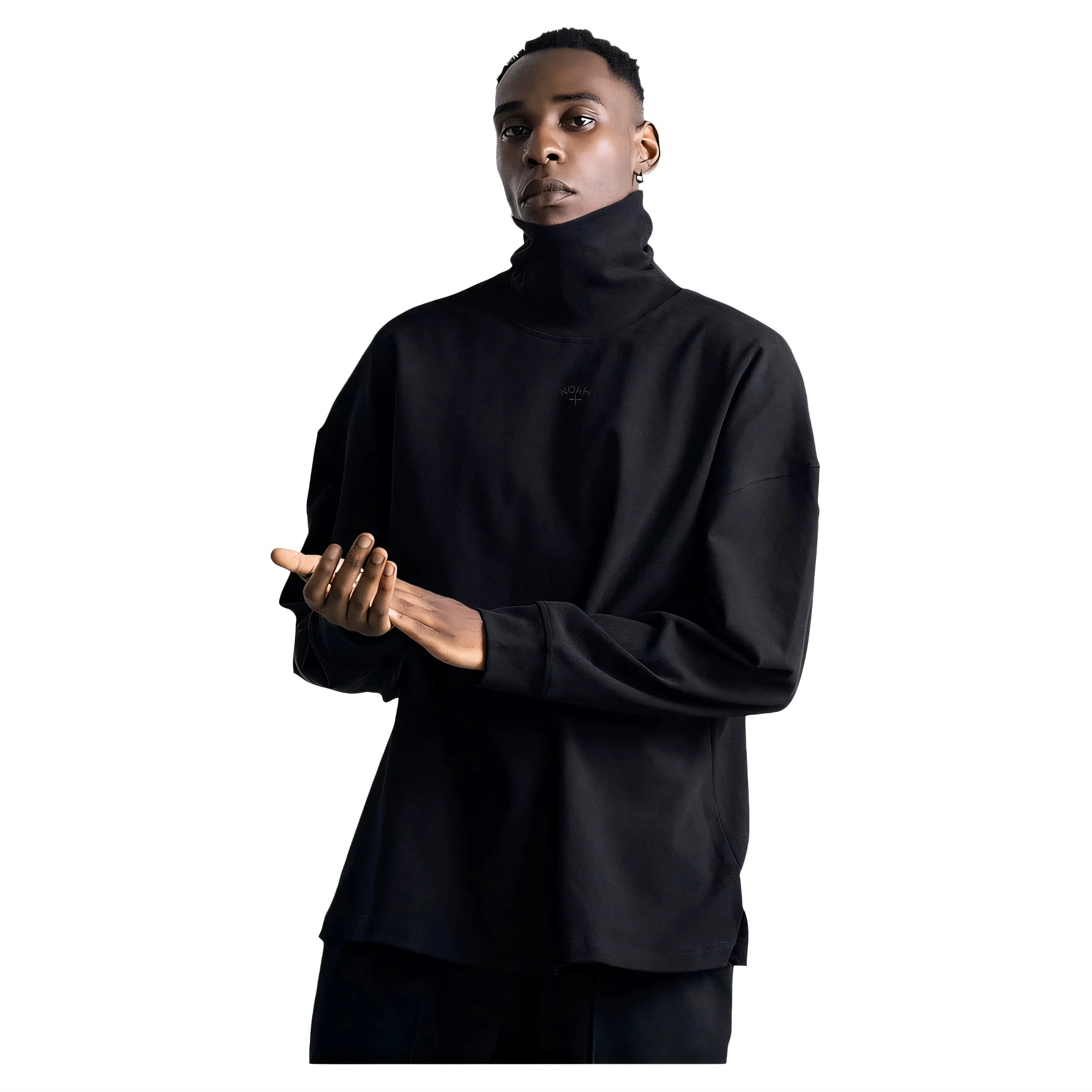 NOAH MARS Men Mock Neck Black Embroidered Long Sleeve Cotton Base Tee