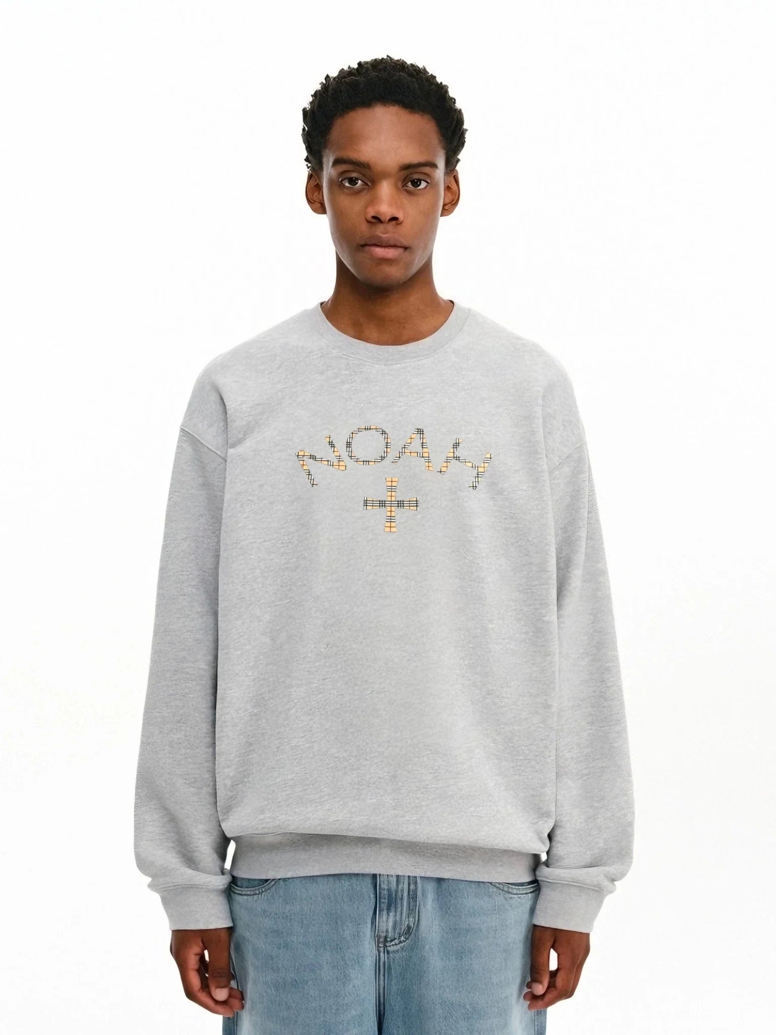 NOAH MARS Men Plaid Cross Thread Splice Crew Neck Sweatshirt