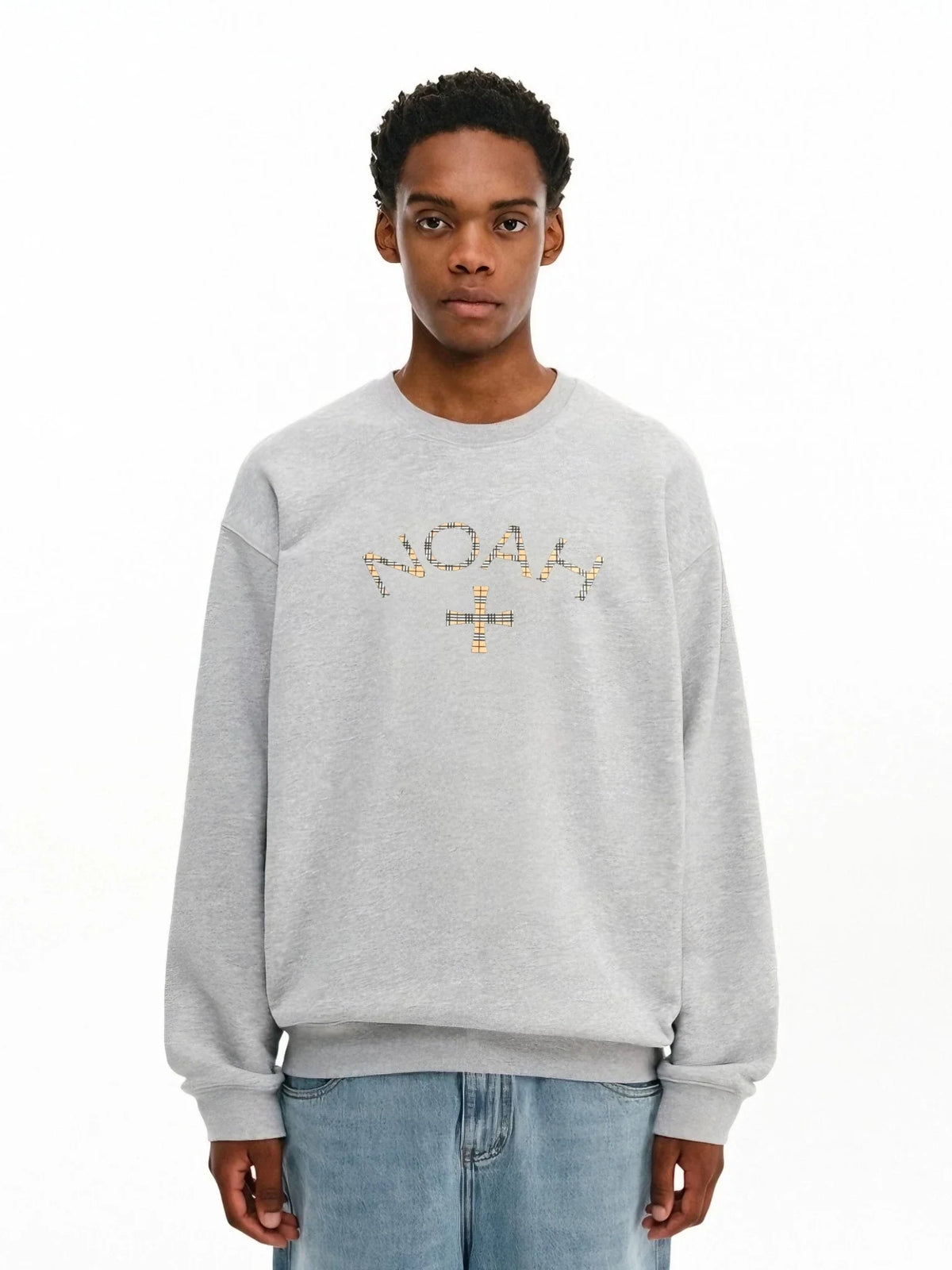 NOAH MARS Men Plaid Cross Thread Splice Crew Neck Sweatshirt