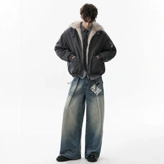NOAH MARS Old Money Stand Collar Mountain Graphic Velvet Lined Cotton Coat