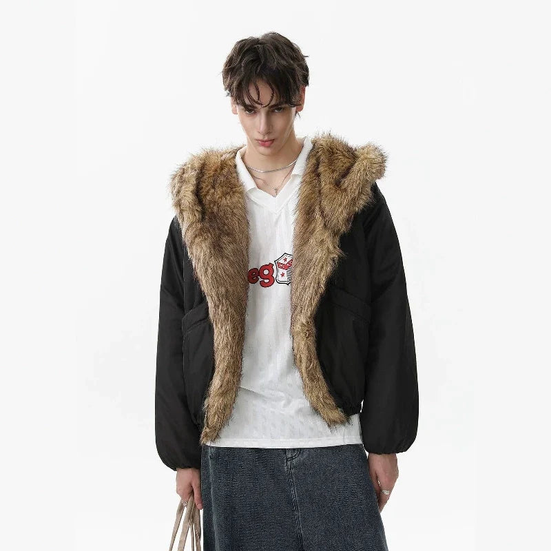 NOAH MARS Old Money Fur Collar Short Hooded Mountain Graphic Warm Cotton Jacket