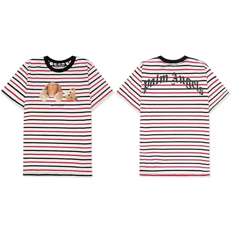 Palm Angels Striped Bear Graphic T-Shirt - Red/White/Black