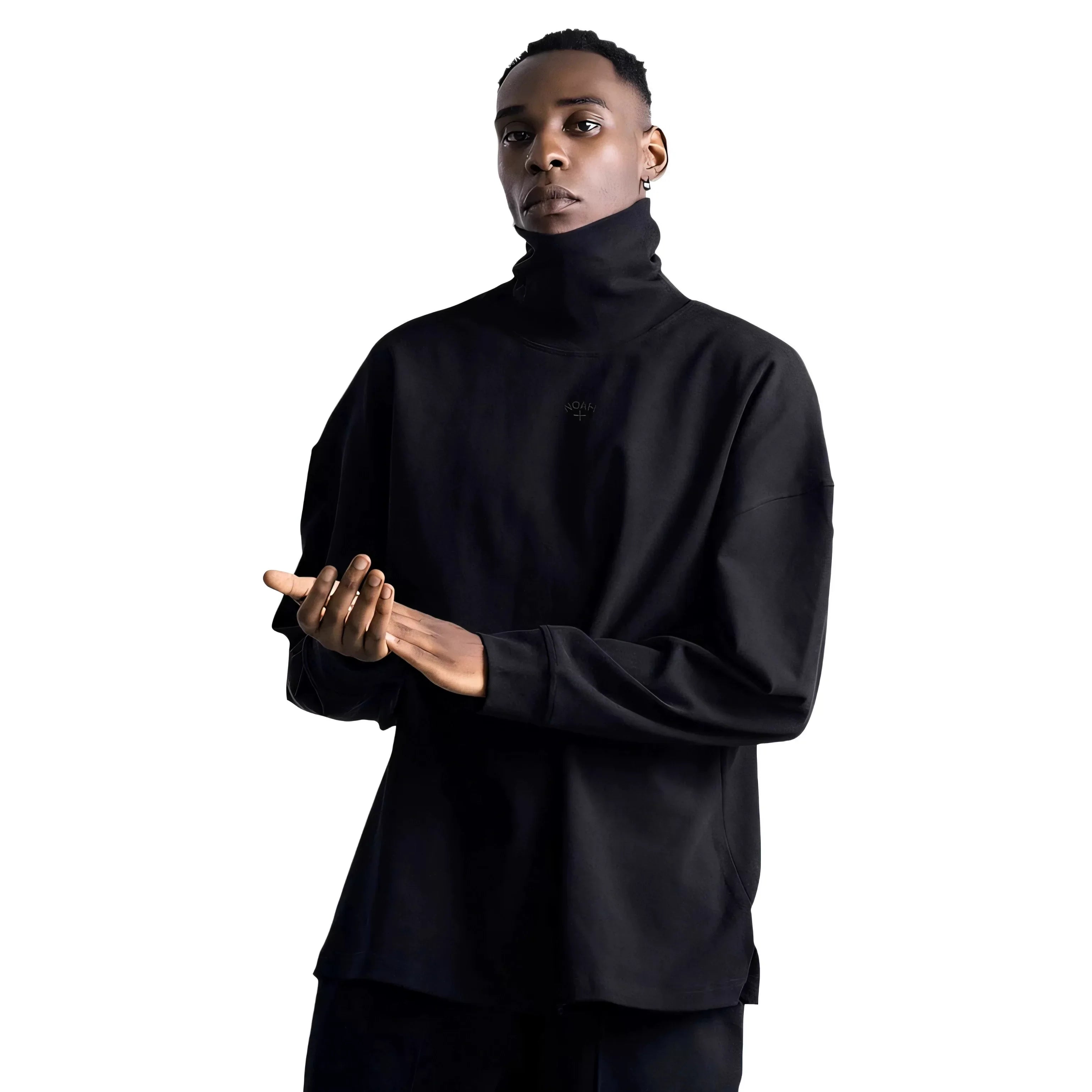NOAH MARS Men Mock Neck Black Embroidered Long Sleeve Cotton Base Tee